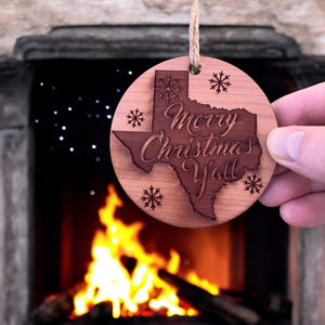 Texas Merry Christmas Y'all - Raw Cedar Ornament 3x3in