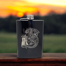 Load image into Gallery viewer, 8oz Wizard and Dragon BLACK flask