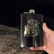 Load image into Gallery viewer, 8oz Wizard and Dragon BLACK flask