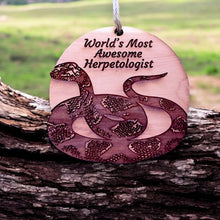 Load image into Gallery viewer, Worlds Most Awesome Herpetologist Snake - Cedar Ornament