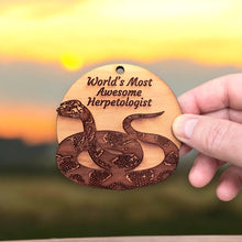 Load image into Gallery viewer, Worlds Most Awesome Herpetologist Snake - Cedar Ornament