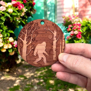 Winter Sasquatch Bigfoot - Raw Cedar Ornament 3x3in