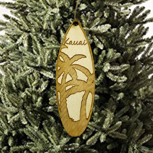 Ornament - Kauai Palm Tree Surfboard - Raw Wood Maple