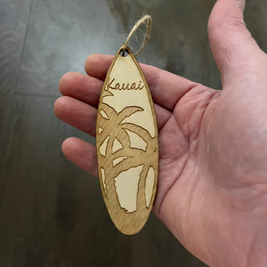 Ornament - Kauai Palm Tree Surfboard - Raw Wood Maple