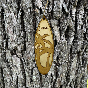 Ornament - Lanai Palm Tree Surfboard - Raw Wood Maple