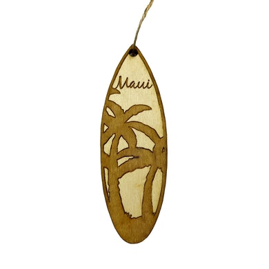 Ornament - Maui Palm Tree Surfboard - Raw Wood Maple