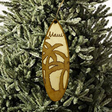 Load image into Gallery viewer, Ornament - Maui Palm Tree Surfboard - Raw Wood Maple