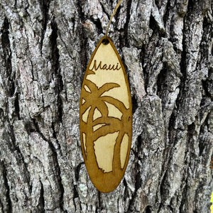 Ornament - Maui Palm Tree Surfboard - Raw Wood Maple