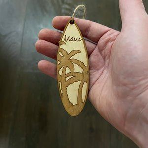 Ornament - Maui Palm Tree Surfboard - Raw Wood Maple