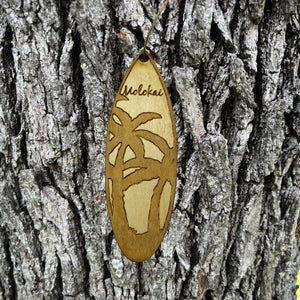 Ornament - Molokai Palm Tree Surfboard - Raw Wood Maple