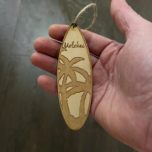 Ornament - Molokai Palm Tree Surfboard - Raw Wood Maple