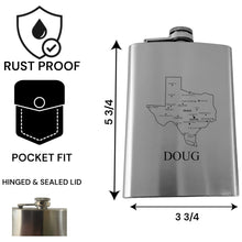 Load image into Gallery viewer, 8oz Flask - Texas with Cities PERSONALIZED