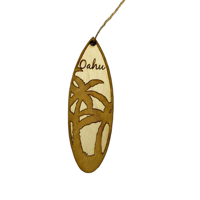 Ornament - Oahu Palm Tree Surfboard - Raw Wood Maple