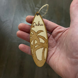 Ornament - Oahu Palm Tree Surfboard - Raw Wood Maple