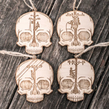 Load image into Gallery viewer, Ornament - Lineman Skulls - Set of 4 - Raw Wood 3x3in