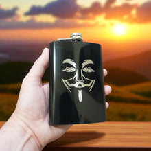 Load image into Gallery viewer, 8oz BLACK Guy Fawkes Flask Anonymous Novelty