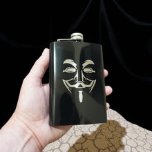 Load image into Gallery viewer, 8oz BLACK Guy Fawkes Flask Anonymous Novelty