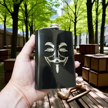 Load image into Gallery viewer, 8oz BLACK Guy Fawkes Flask Anonymous Novelty
