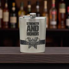 Load image into Gallery viewer, 8oz Strength and Honor Stainless Steel Flask