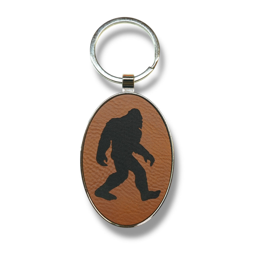 Keychain - Oval/Metal - Bigfoot Sasquatch - Leather