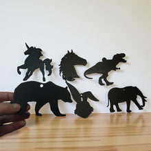 Load image into Gallery viewer, Ornament - Black - Animal Silhouette Set of 6 - T-rex, Elephant, Unicorn, Horse, Bear, Rabbit