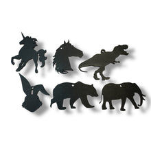 Load image into Gallery viewer, Ornament - Black - Animal Silhouette Set of 6 - T-rex, Elephant, Unicorn, Horse, Bear, Rabbit