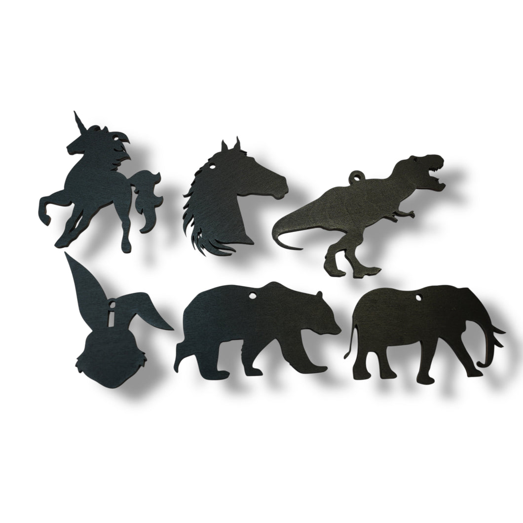 Ornament - Black - Animal Silhouette Set of 6 - T-rex, Elephant, Unicorn, Horse, Bear, Rabbit