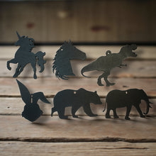 Load image into Gallery viewer, Ornament - Black - Animal Silhouette Set of 6 - T-rex, Elephant, Unicorn, Horse, Bear, Rabbit
