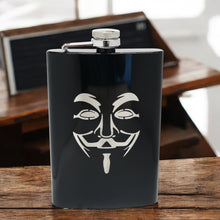 Load image into Gallery viewer, 8oz BLACK Guy Fawkes Flask Anonymous Novelty