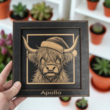 Load image into Gallery viewer, Framed Art - PERSONALIZED - CUSTOM - Highland Cow with Santa Hat