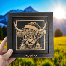 Load image into Gallery viewer, Framed Art - PERSONALIZED - CUSTOM - Highland Cow with Santa Hat