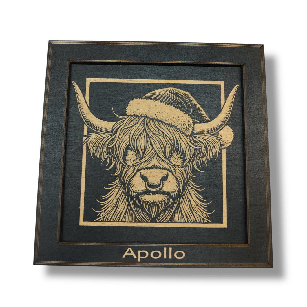 Framed Art - PERSONALIZED - CUSTOM - Highland Cow with Santa Hat