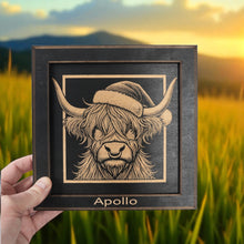 Load image into Gallery viewer, Framed Art - PERSONALIZED - CUSTOM - Highland Cow with Santa Hat