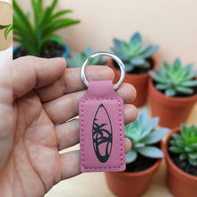 Load image into Gallery viewer, Keychain - Rectangle - Palm Tree Surfboard - Leather