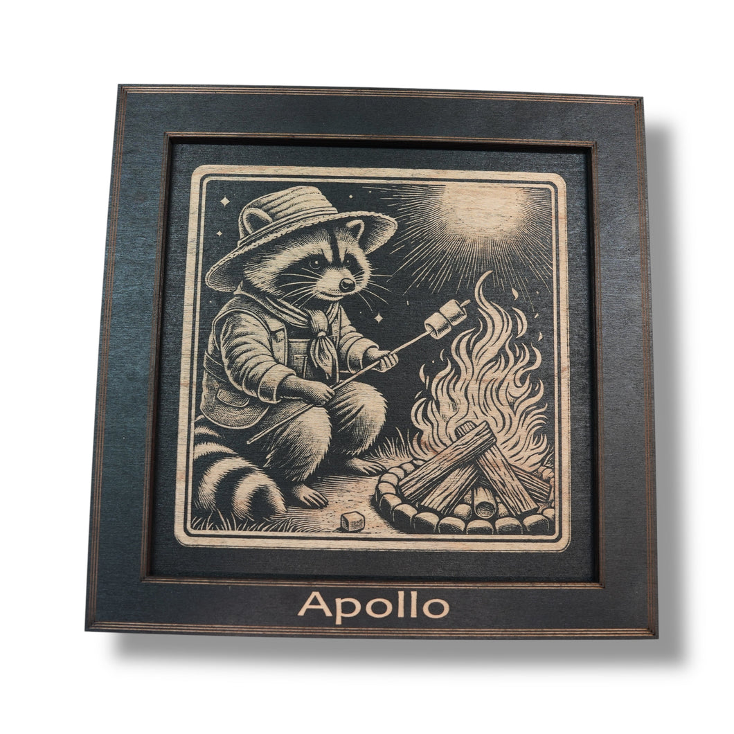 Framed Art - PERSONALIZED - CUSTOM - Raccoon Campfire