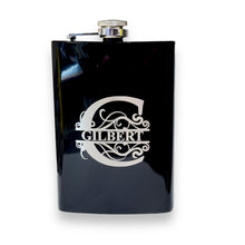 Load image into Gallery viewer, 8oz Split Letter Monogram Flask (BLACK, RED, STAINLESS STEEL, LEATHER)