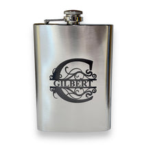 Load image into Gallery viewer, 8oz Split Letter Monogram Flask (BLACK, RED, STAINLESS STEEL, LEATHER)