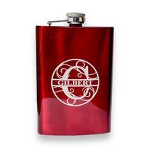 Load image into Gallery viewer, 8oz Split Letter Monogram Flask (BLACK, RED, STAINLESS STEEL, LEATHER)