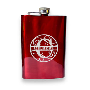 8oz Split Letter Monogram Flask (BLACK, RED, STAINLESS STEEL, LEATHER)