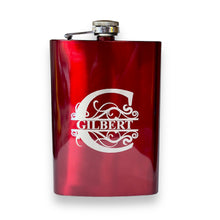 Load image into Gallery viewer, 8oz Split Letter Monogram Flask (BLACK, RED, STAINLESS STEEL, LEATHER)