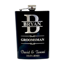 Load image into Gallery viewer, Split Letter Monogram Wedding flask for Groomsman Best Man Gifts PERSONALIZED BLACK FLASK