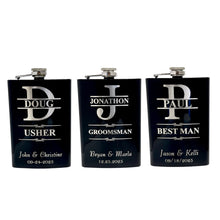 Load image into Gallery viewer, Split Letter Monogram Wedding flask for Groomsman Best Man Gifts PERSONALIZED BLACK FLASK