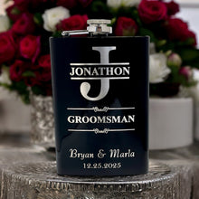 Load image into Gallery viewer, Split Letter Monogram Wedding flask for Groomsman Best Man Gifts PERSONALIZED BLACK FLASK