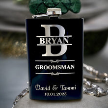 Load image into Gallery viewer, Split Letter Monogram Wedding flask for Groomsman Best Man Gifts PERSONALIZED BLACK FLASK