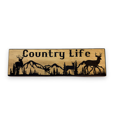 Country Life Deer Mountain Scene - BLACK Sign 4x12