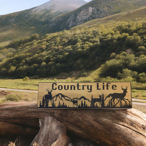 Country Life Deer Mountain Scene - BLACK Sign 4x12