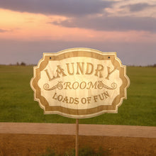 Load image into Gallery viewer, Sign - Laundry Room Loads of Fun - Raw Wood Door Sign 7x9.5in