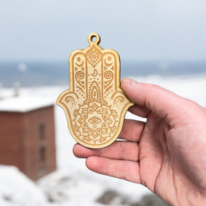 Ornament - Hamsa Hand - Raw Wood 4x3in