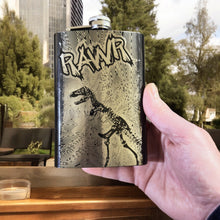 Load image into Gallery viewer, 8oz BLACK RAWR Flask Dinosaur T-Rex