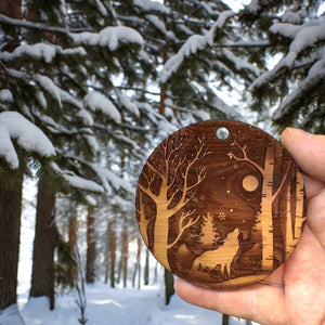 Winter Wolf - Raw Cedar Ornament 3x3in